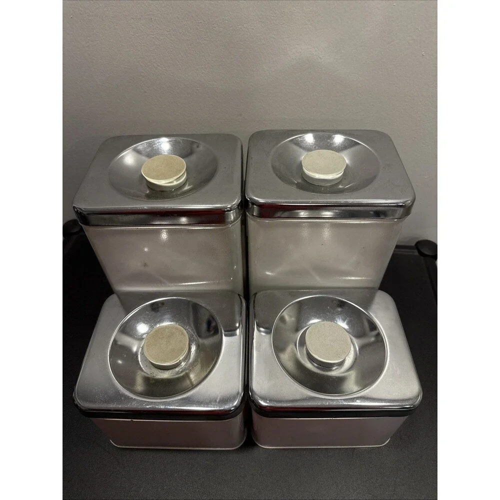 EKCO Canada Vintage Metal MCM Kitchen Canister Set Of 4 White Silver Green Trim